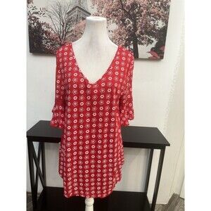 Stem & Vine Women’s Top Blouse V Neck Size L Lace Design RED Bell Sleeve V Neck